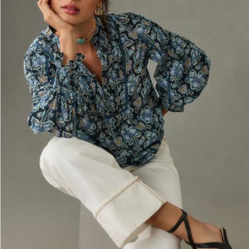 Anthropologie Floral Blue Blouse